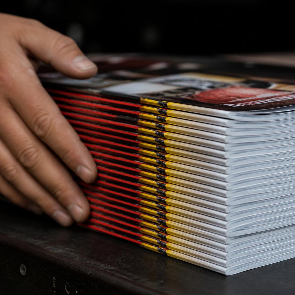 Pila de revistas recién impresas con cantos de color